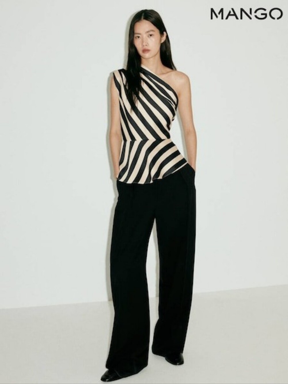 MANGO Striped Asymmetrical One-Shoulder Peplum Top | Size M